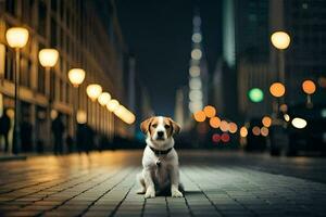 un perro sentado en el calle a noche. generado por ai foto