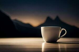 a coffee cup sits on a table in front of a mountain. AI-Generated photo