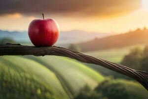 un manzana es sentado en un rama en frente de un puesta de sol. generado por ai foto