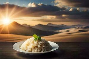 rice in a plate on a table with mountains in the background. AI-Generated photo