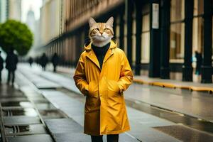 a cat wearing a yellow raincoat on a city street. AI-Generated photo