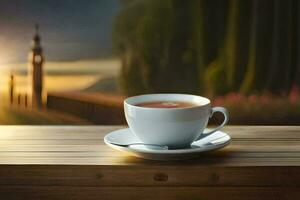 a cup of tea on a wooden table with a view of the sunset. AI-Generated photo