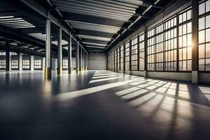 un vacío almacén con grande ventanas y luz de sol. generado por ai foto