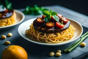 two plates with spaghetti and tomatoes on them. AI-Generated photo