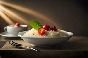 a bowl of rice with strawberries and a cup of coffee. AI-Generated photo