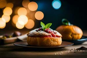 a pastry with raspberry and mint on a wooden table. AI-Generated photo