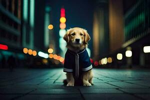 a dog wearing a jacket sitting on the ground in a city. AI-Generated photo