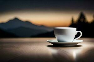 coffee cup on a table with mountains in the background. AI-Generated photo