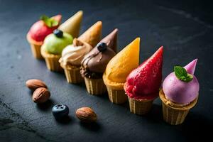 a row of ice cream cones with different flavors. AI-Generated photo