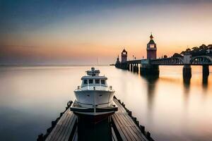 a boat docked at the pier in front of a clock tower. AI-Generated photo