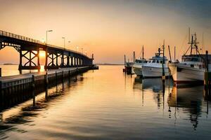boats docked at the dock at sunset. AI-Generated photo