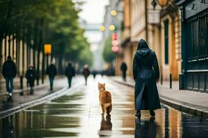 un mujer caminando su perro en el lluvia. generado por ai foto