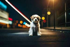 a dog sitting on the street at night. AI-Generated photo