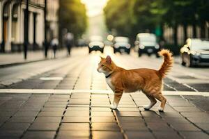 an orange cat walking across a city street. AI-Generated photo