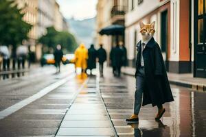 a fox wearing a coat and tie walking down a street. AI-Generated photo