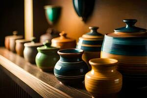 a row of colorful ceramic vases on a shelf. AI-Generated photo