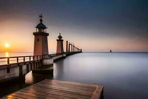 a pier with two light posts and a lighthouse at sunset. AI-Generated photo