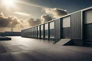 a large warehouse with a sun shining through the clouds. AI-Generated photo
