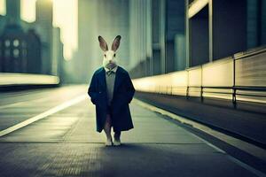 a rabbit in a coat and tie standing on a street. AI-Generated photo