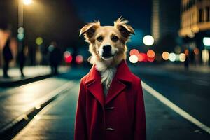 a dog wearing a red coat standing on the street at night. AI-Generated photo