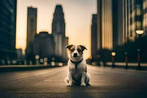 a dog sitting on the street in front of tall buildings. AI-Generated photo