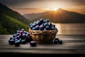 grapes in a basket on a wooden table with mountains in the background. AI-Generated photo