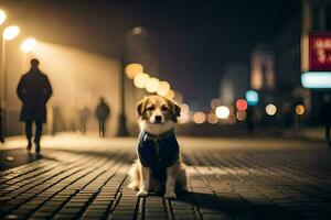 a dog sitting on a brick street at night. AI-Generated photo