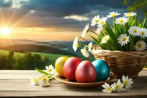 easter eggs in a basket with daisies on a table. AI-Generated photo