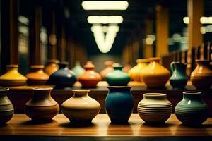 many colorful vases are lined up on a table. AI-Generated photo