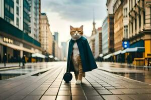 un gato en un capa caminando abajo un calle. generado por ai foto