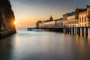 the sun sets over a pier in the water. AI-Generated photo