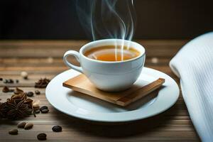 a cup of coffee with a steaming cup of coffee on a wooden table. AI-Generated photo