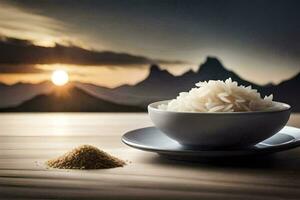rice in a bowl and a spoon on a table. AI-Generated photo