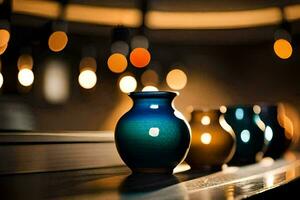 a row of vases on a table in front of a light. AI-Generated photo