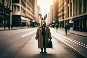 a rabbit wearing a coat and holding a briefcase in the middle of a city street. AI-Generated photo