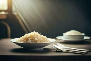 un cuenco de arroz y dos cucharas en un mesa. generado por ai foto