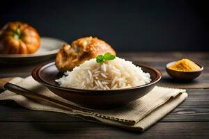 a bowl of rice with a chicken and a bowl of vegetables. AI-Generated photo