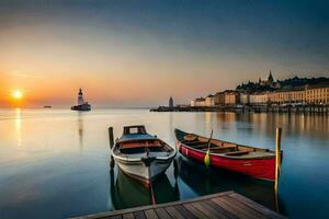 two boats docked at the shore of a lake with a lighthouse in the background. AI-Generated photo