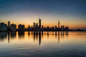 el ciudad horizonte es reflejado en el agua a puesta de sol. generado por ai foto