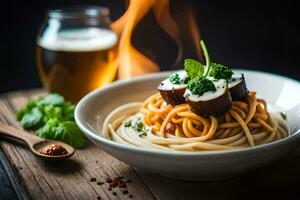 spaghetti with meatballs and cheese on a wooden table. AI-Generated photo