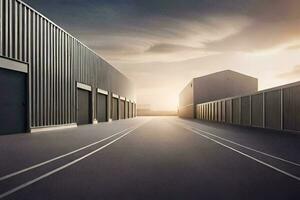 a long empty road with two buildings in the distance. AI-Generated photo