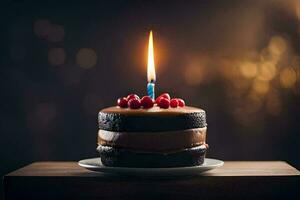 a chocolate cake with a single candle on top. AI-Generated photo