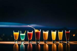 un fila de lentes con diferente de colores bebidas generado por ai foto