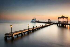 a pier with a boat at sunset. AI-Generated photo