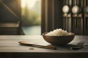 rice in a bowl on a wooden table. AI-Generated photo
