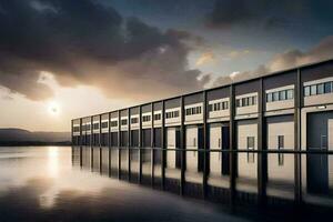 a large warehouse with a large body of water in front of it. AI-Generated photo