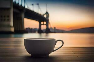 coffee cup on wooden table with bridge in background. AI-Generated photo