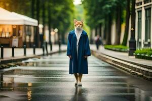 a fox in a blue coat standing on a wet street. AI-Generated photo