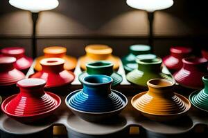 colorful vases are lined up in a row. AI-Generated photo