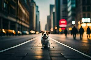 a dog standing on the street in a city. AI-Generated photo